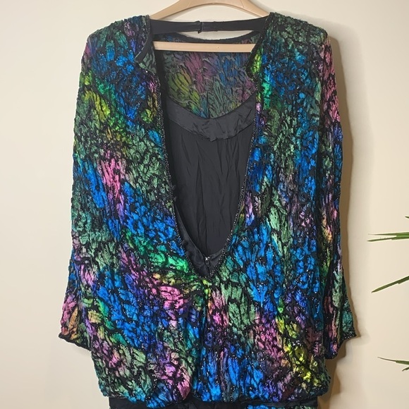 Vintage Drop Waist Bow Burnout Colorful Shimmer Velvet Beaded “Peacock” Dress M - Picture 16 of 17